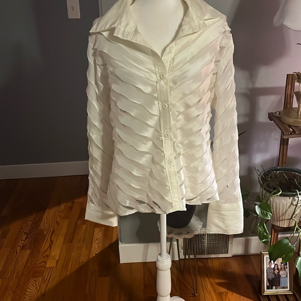 VINTAGE White Sheer Striped Button Down Blouse